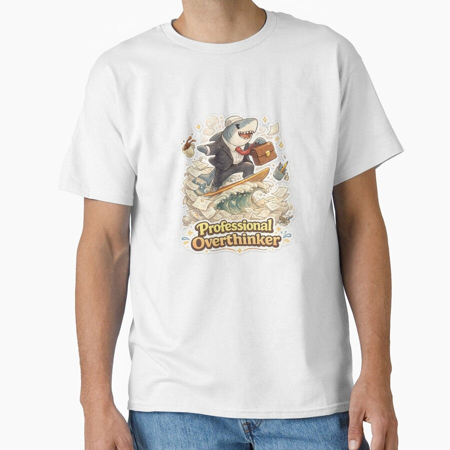 Professional Overthinker – Shark Surfing Office Chaos Funny Cartoon T-Shirt by NarpLTD