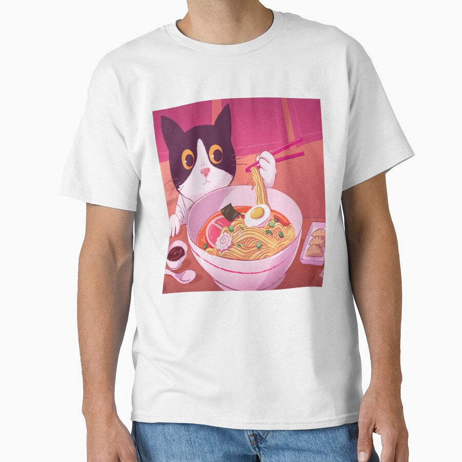 Adorable cat eating ramen Japanese, cute, hungry,illustration, art,lofi,dumplings, sushi by RashidaHanaart