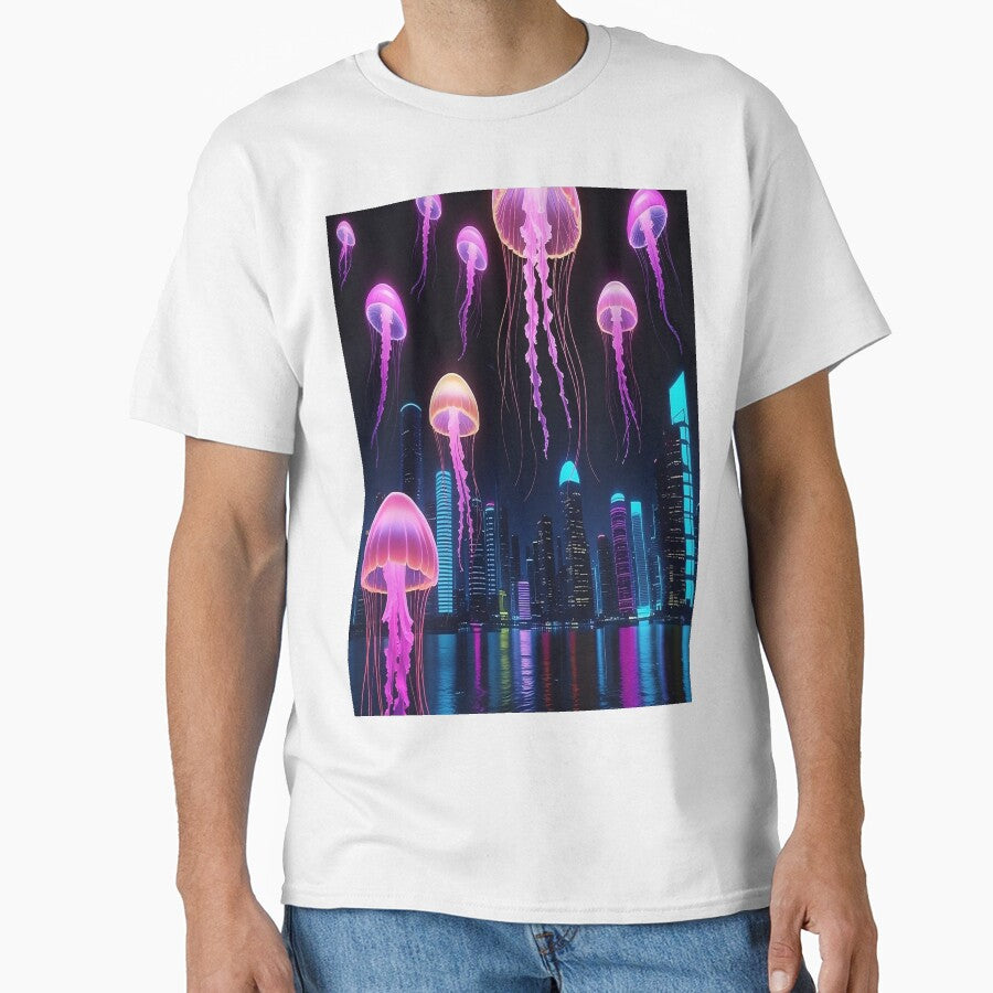 Neon Jellyfish Over Cyber City – Sci-Fi Glowing Art by TONSNAP