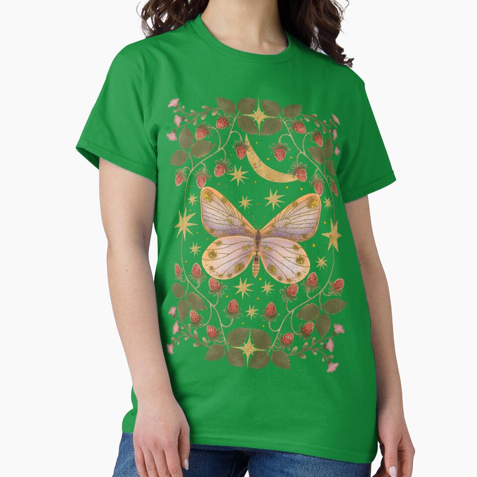Sa golden butterfly against a background of a golden moon, stars and strawberries by Grin Katalina Floral Patterns & Cozy Art