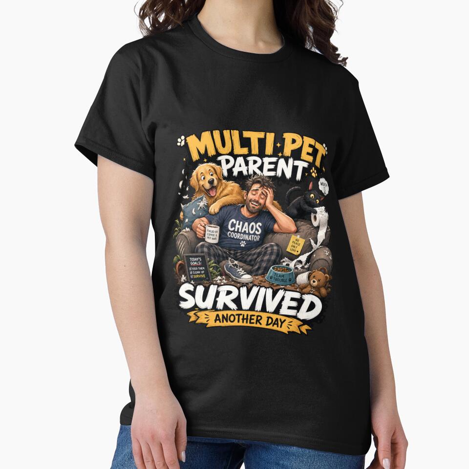 Multi Pet Parent Survived Another Day Funny Kawaii T-Shirt Sticker by Ashley critters