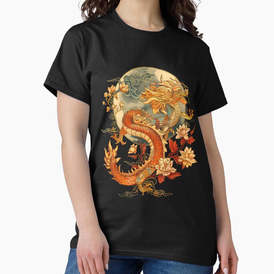 Crimson Lunar Floral Dragon Art Noveau T-Shirt by GabrielaPeterse