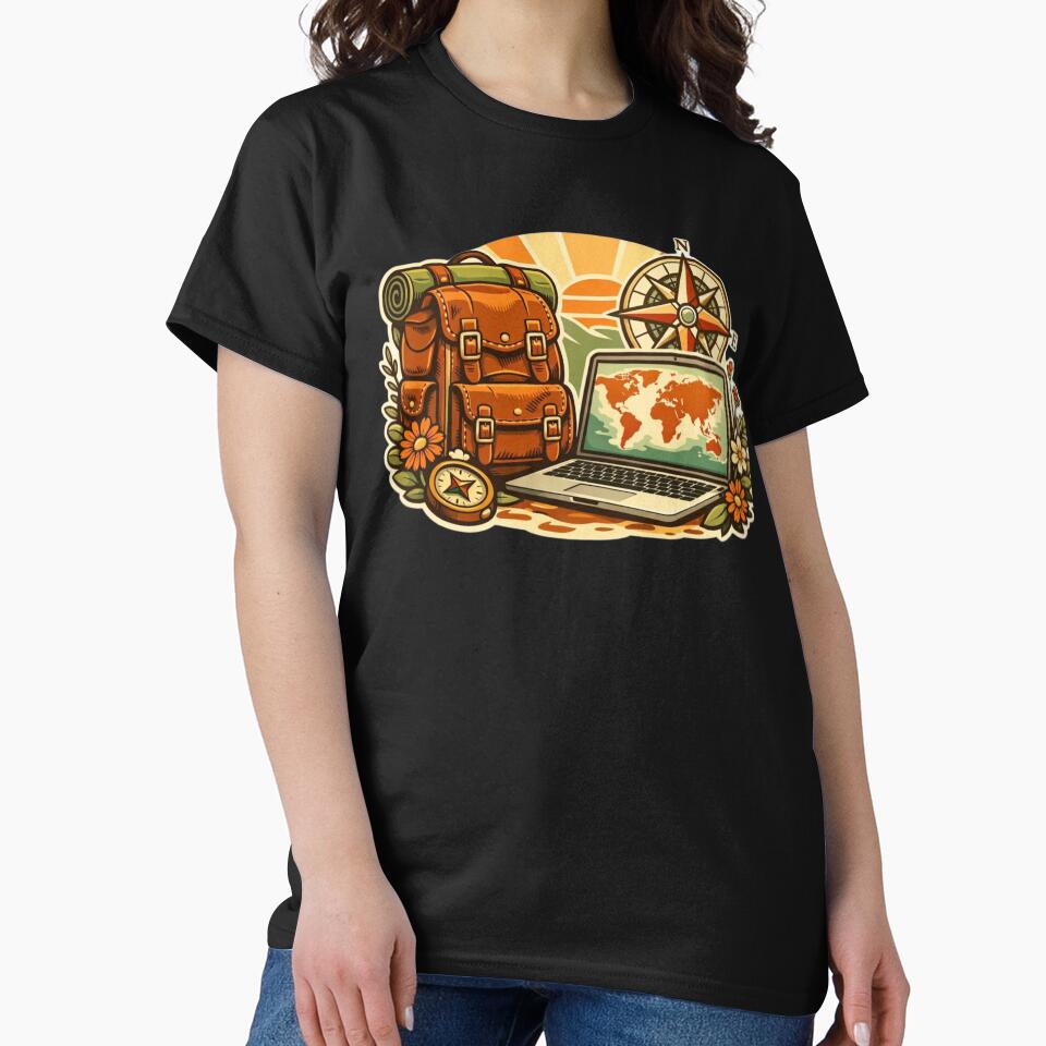 Retro Travel Explorer – Vintage Backpack & Laptop World Map by Timeless Junction