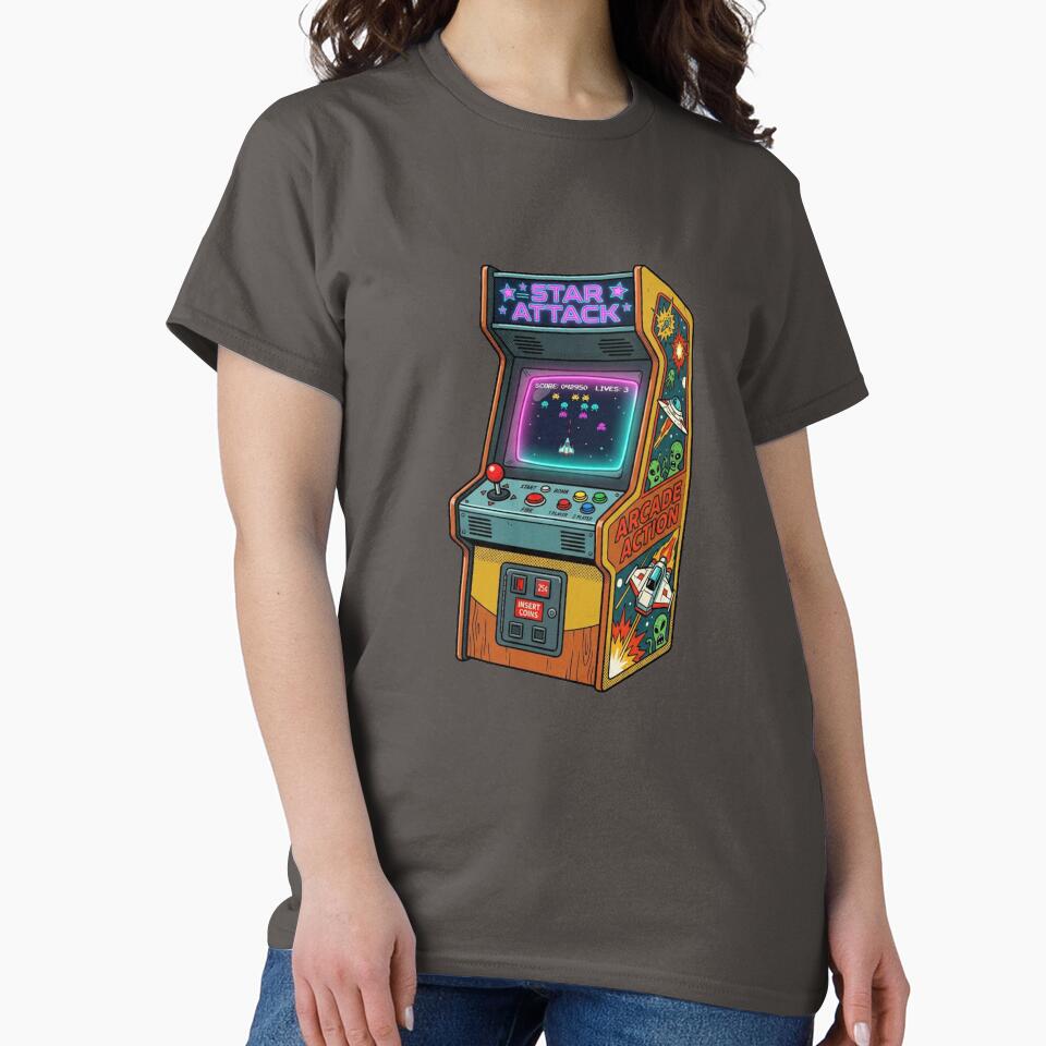 "Retro Arcade Machine Star Attack 80s Gaming Aesthetic" by Malalese