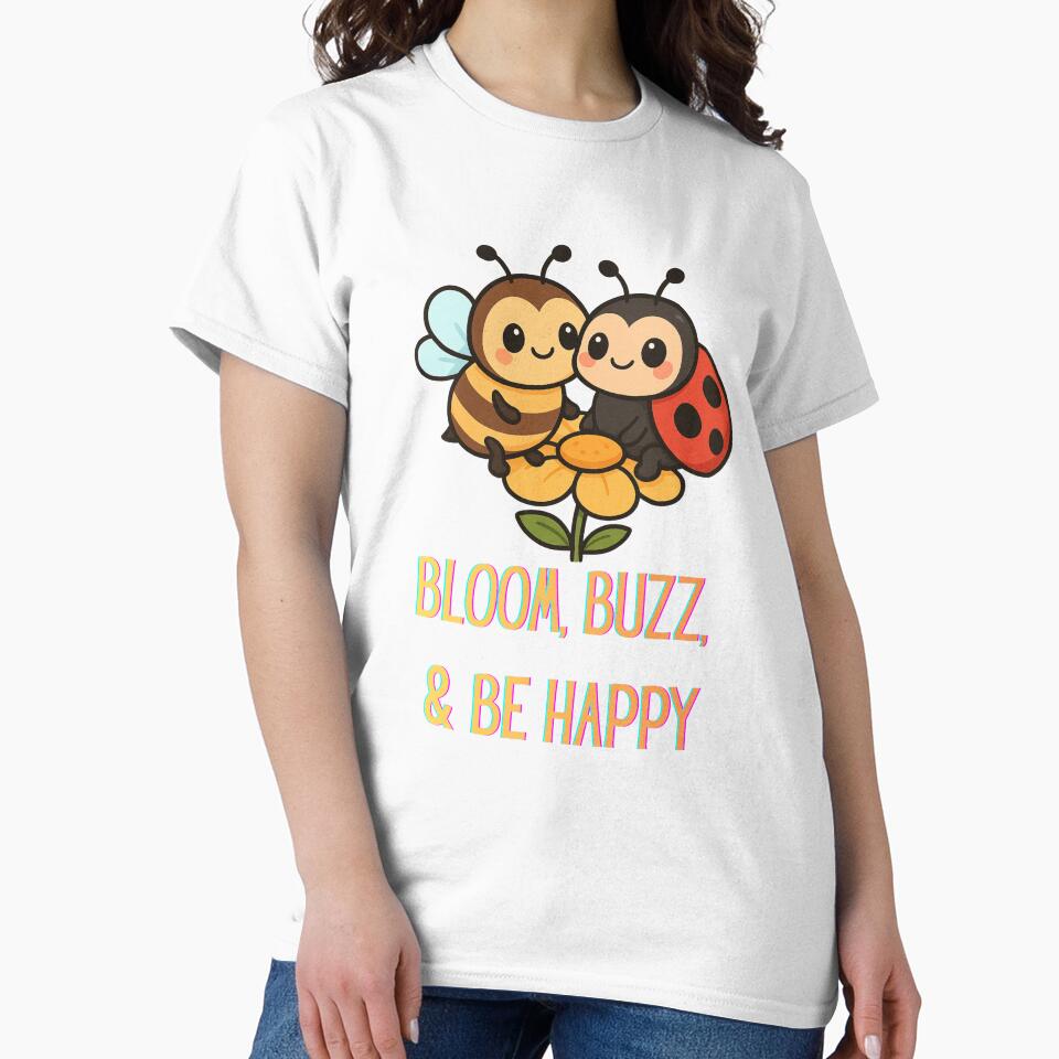 Bloom, Buzz, & Be Happy – Cute Bee and Ladybug Positive Quote Design by Painted Moon by Luna Bee™