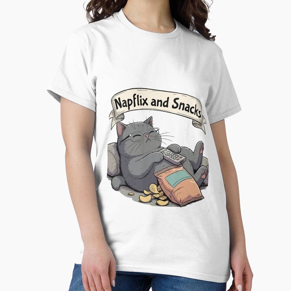 Napflix and Snacks - Funny Cat Meme Shirt by shirt0pedia