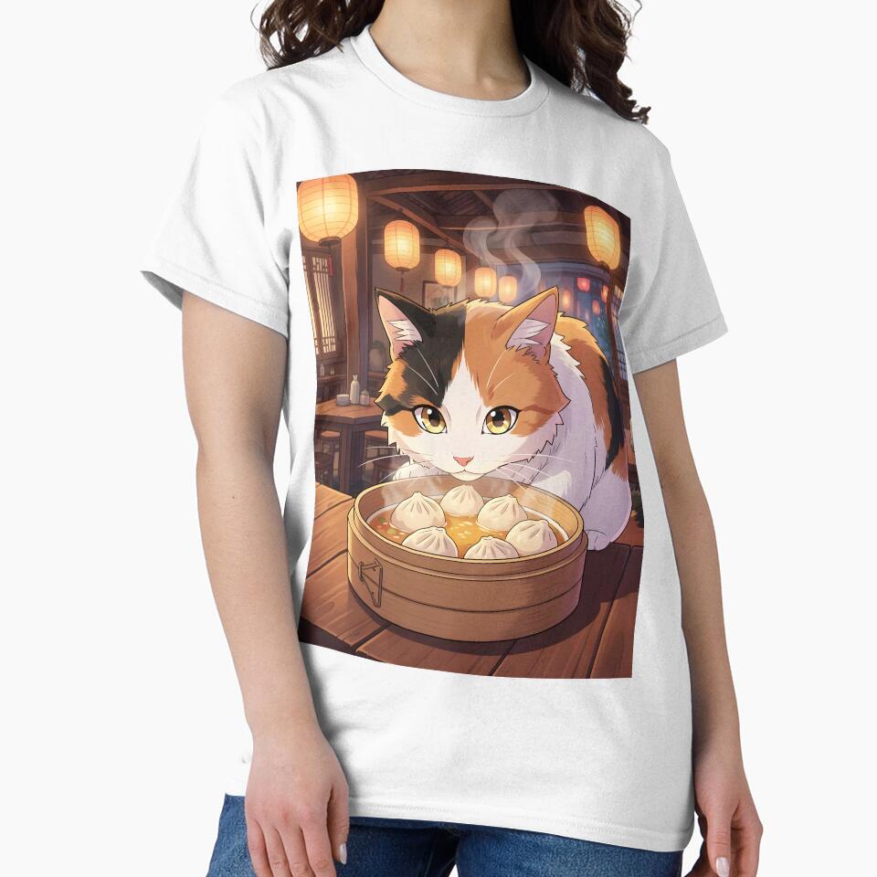 Tricolor Tortoiseshell Cat Enjoying Dim Sum Soup – Cute Anime Restaurant Scene by EmeraldeaArt