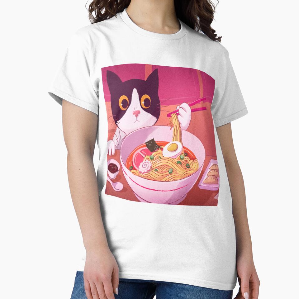Adorable cat eating ramen Japanese, cute, hungry,illustration, art,lofi,dumplings, sushi by RashidaHanaart