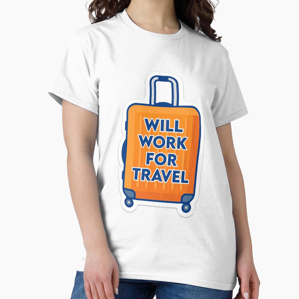 This bold “Will Work For Travel” suitcase sticker is perfect for travelers, wanderlusters, and anyone dreaming about their next trip. by PIXEL POP DESIGNS - Beyond the Norm!