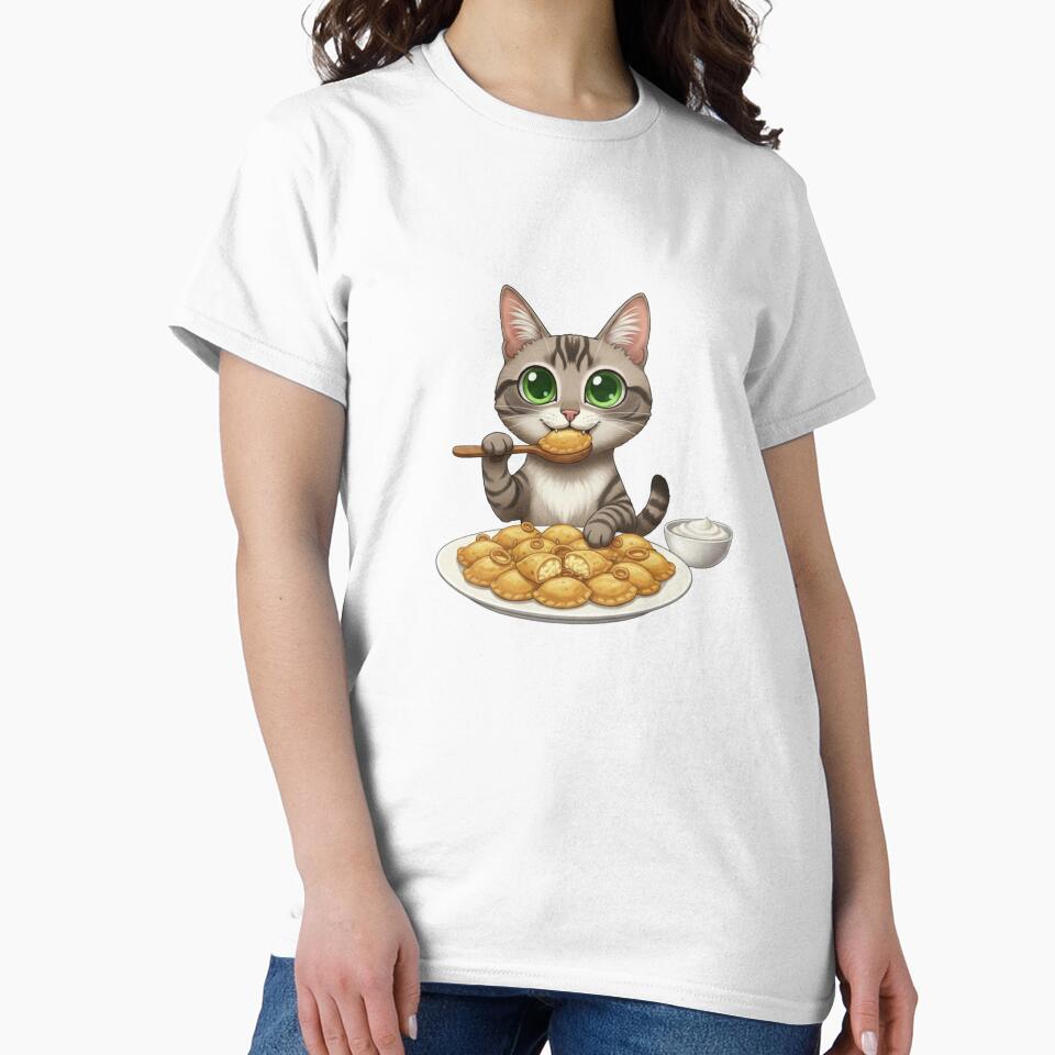 Kawaii Foodie Cat Eating Pierogi (dumplings) - Gray Tabby - Poland by digitalbitcraft