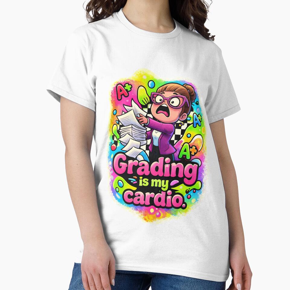 Grading Is My Cardio – Funny Teacher Cartoon Art by unclejohncorner