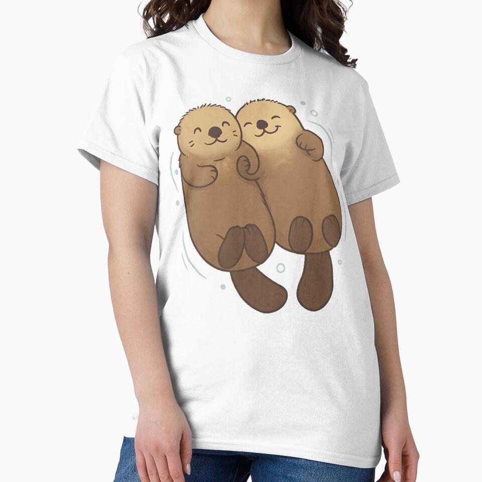 Adorable Cute Otter Couple Holding Hands Cartoon Illustration Gift for Animal Lovers by DrawHandArt