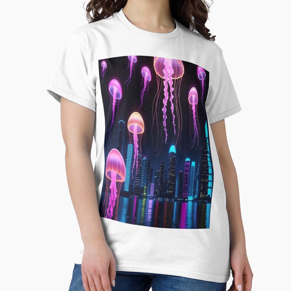 Neon Jellyfish Over Cyber City – Sci-Fi Glowing Art by TONSNAP