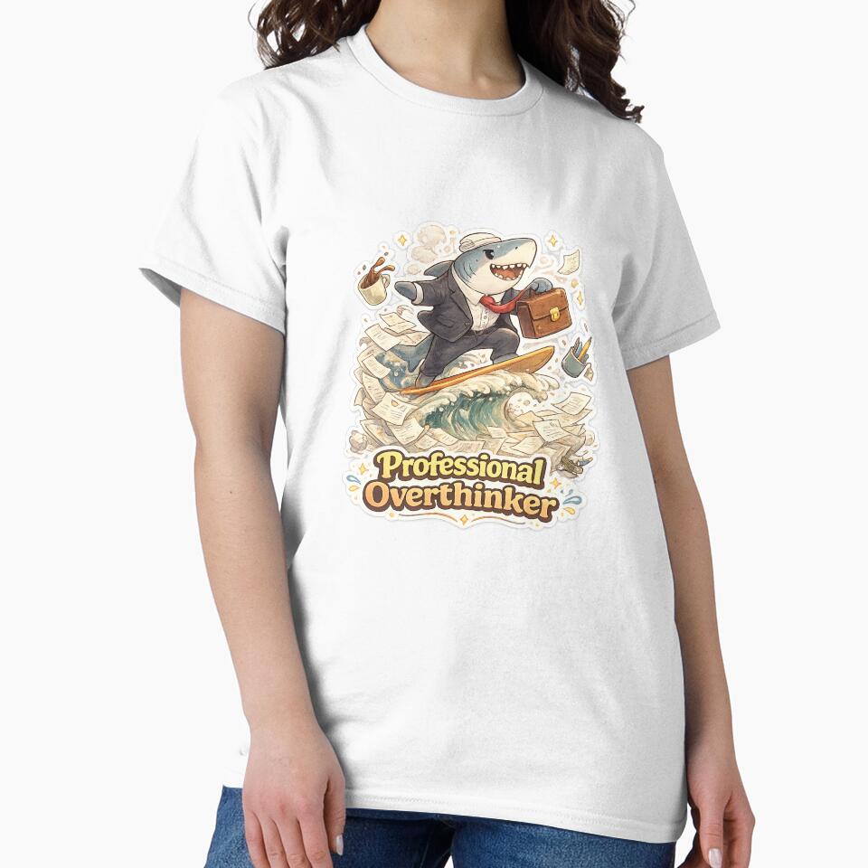 Professional Overthinker – Shark Surfing Office Chaos Funny Cartoon T-Shirt by NarpLTD