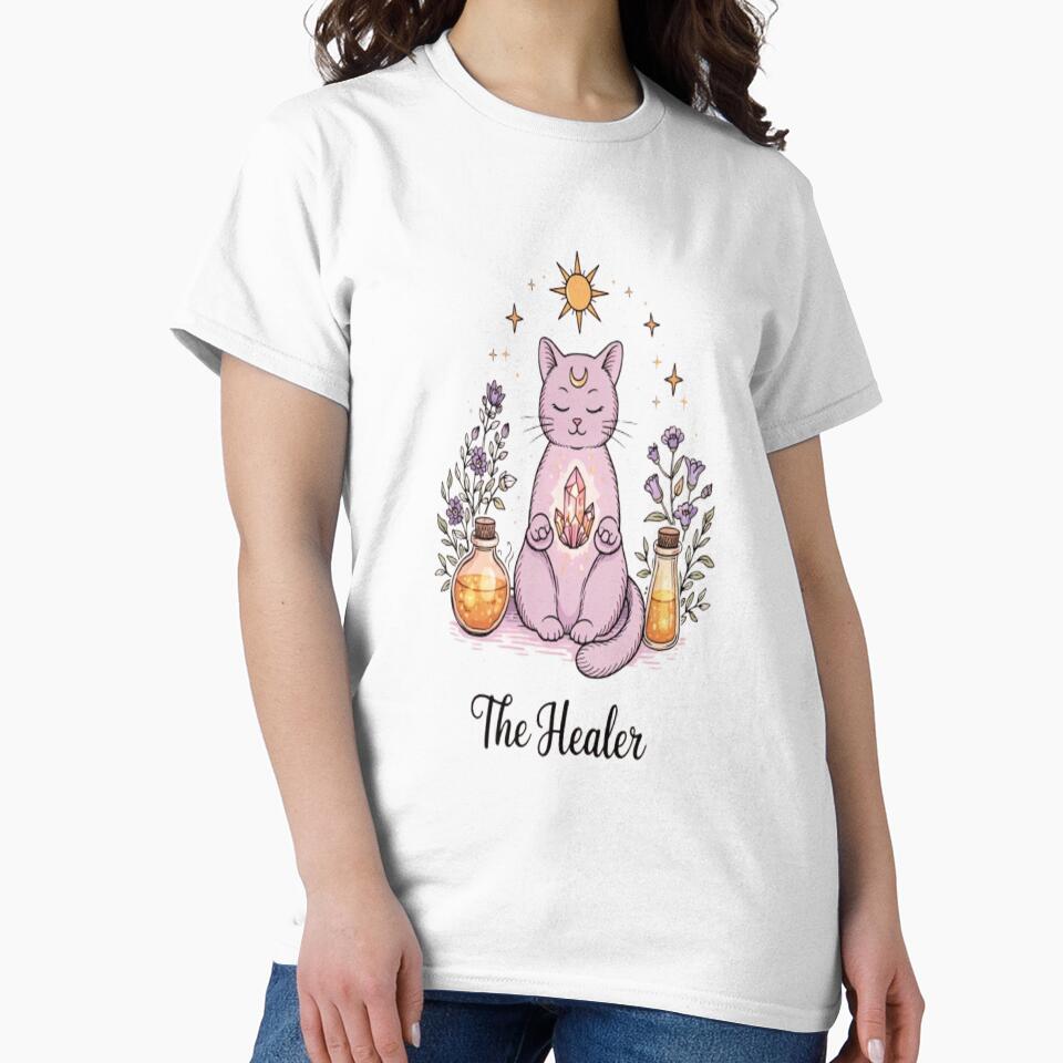 The Healer Cat – Spiritual Crystal Cat Illustration with Moon & Stars by ELVIN DESIGNS