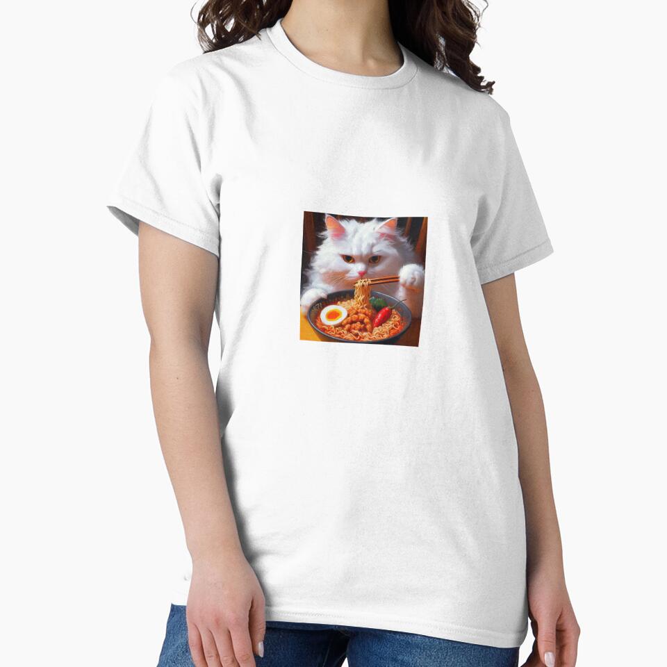 white cat eating spicy ramen noodle soup by boomfire153