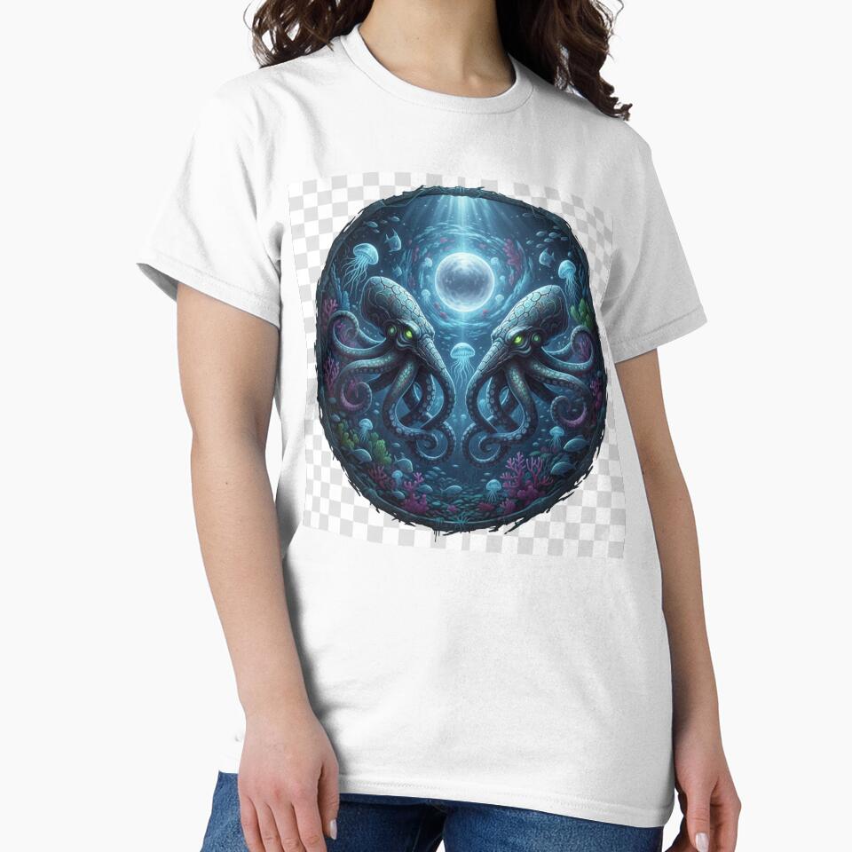 Twin Kraken Sea Monsters Moonlit Ocean Symmetry by NeoTeeFusion