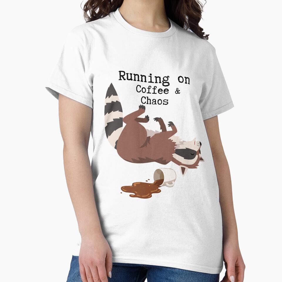 Running on Coffee & Chaos Funny Raccoon T-Shirt by Talisprojekt