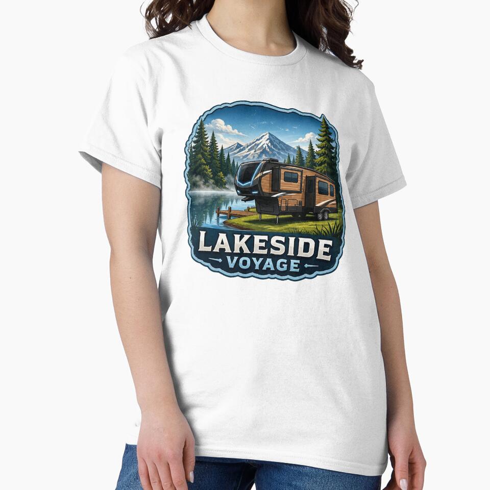 Lakeside Voyage Fifth Wheel RV Art - Scenic Mountain Lake Camping Design by SasquatchTrail