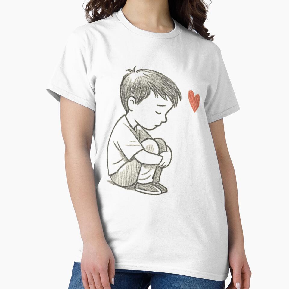 Sad Boy Sitting with Heart – Emotional Healing Line Art Design by Just Meaningful