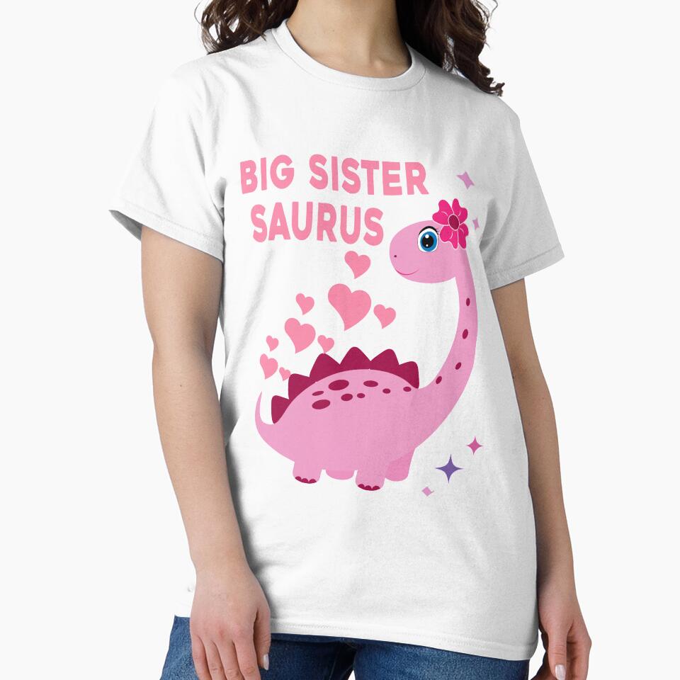 Dinosaur Big Sister Saurus Announcement Tee Funny Girls by ZANNIX