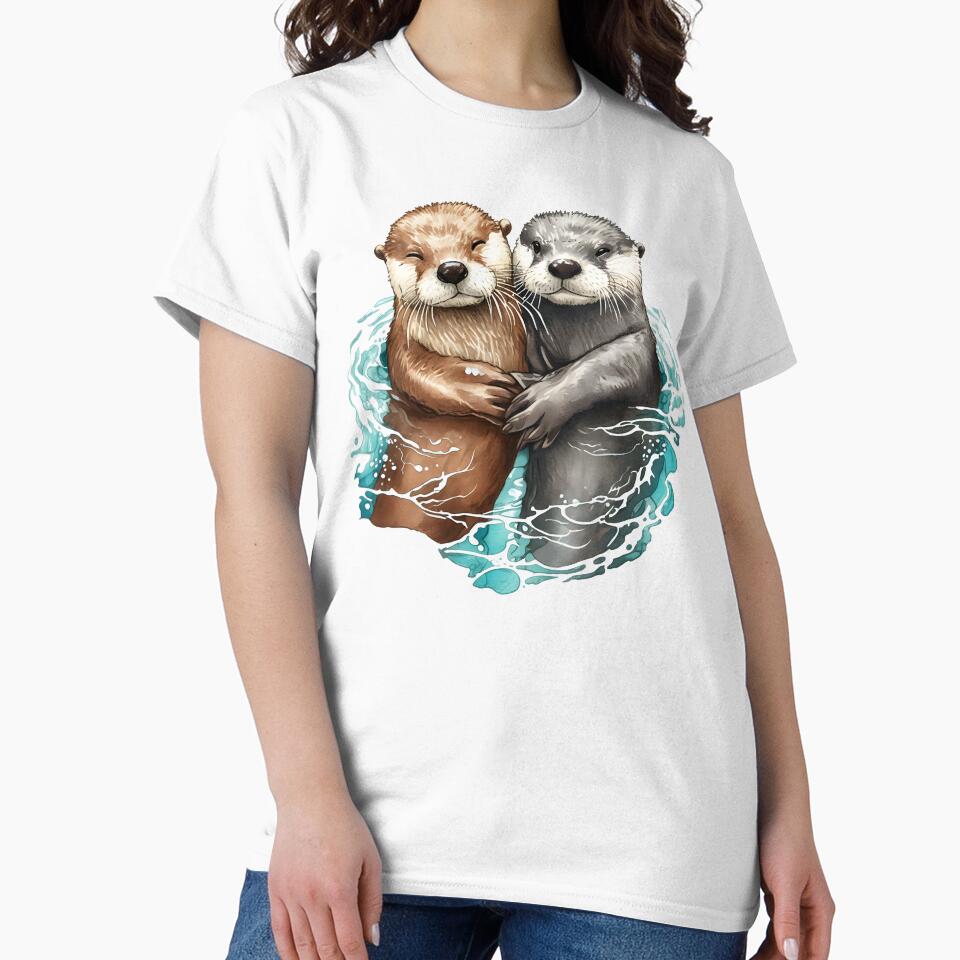 Adorable Sea Otter Couple Holding Hands Cute Floating Otters Watercolor Illustration by DrawHandArt