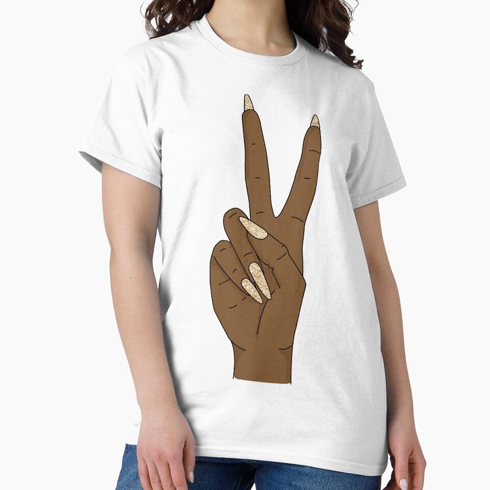 Peace sign hand with gold glitter nails by savanamms6