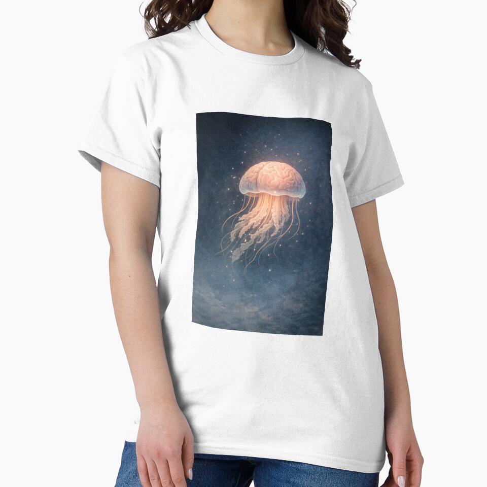 Floating Thoughts – Brain Jellyfish Surreal Art by InkWanderStudio