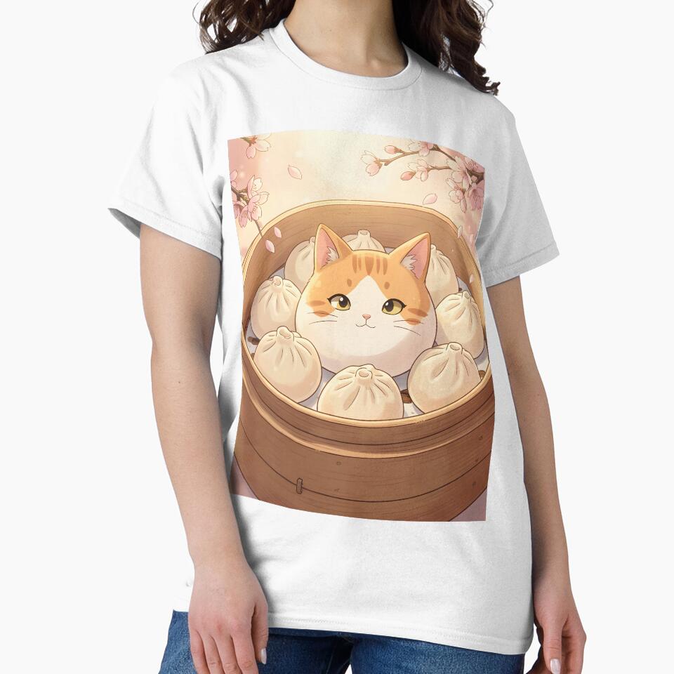 Big Cat Dumpling in Bamboo Steamer – Kawaii Sakura Bun Illustration by EmeraldeaArt