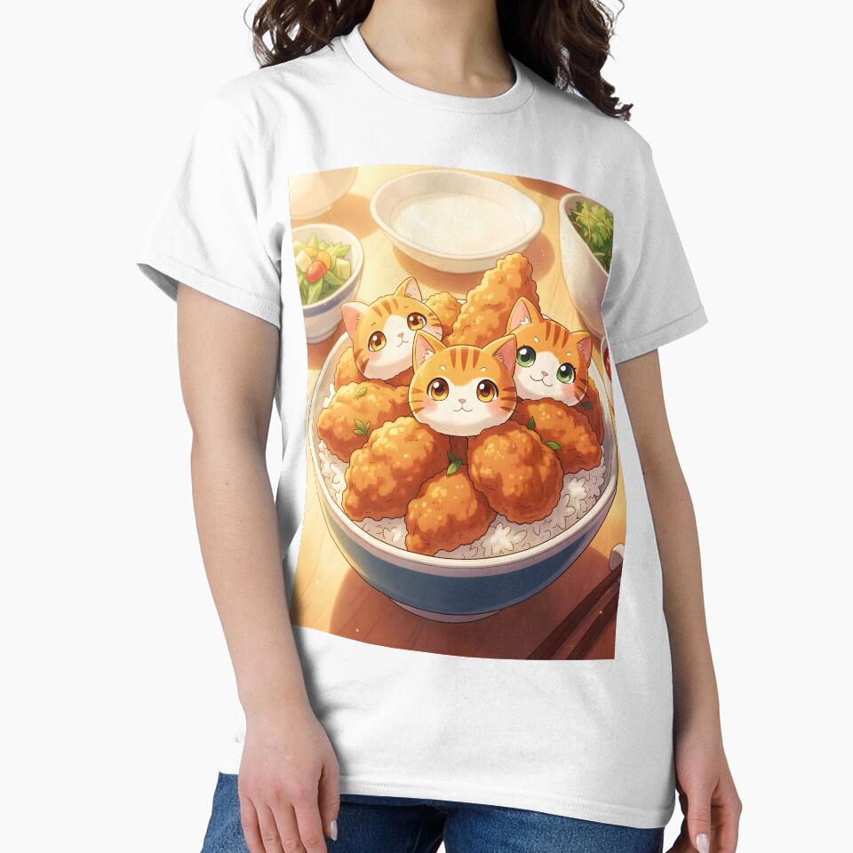 Orange Tabby Cat Dumplings in Fried Chicken Rice Bowl – Cute Anime Food Illustration by EmeraldeaArt