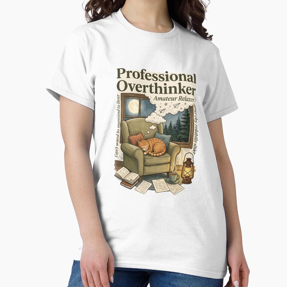 Professional Overthinker Funny Cat Shirt | Anxiety Humor | Introvert Gift | Cozy Reader Aesthetic | Mental Health Quote by softmind studio