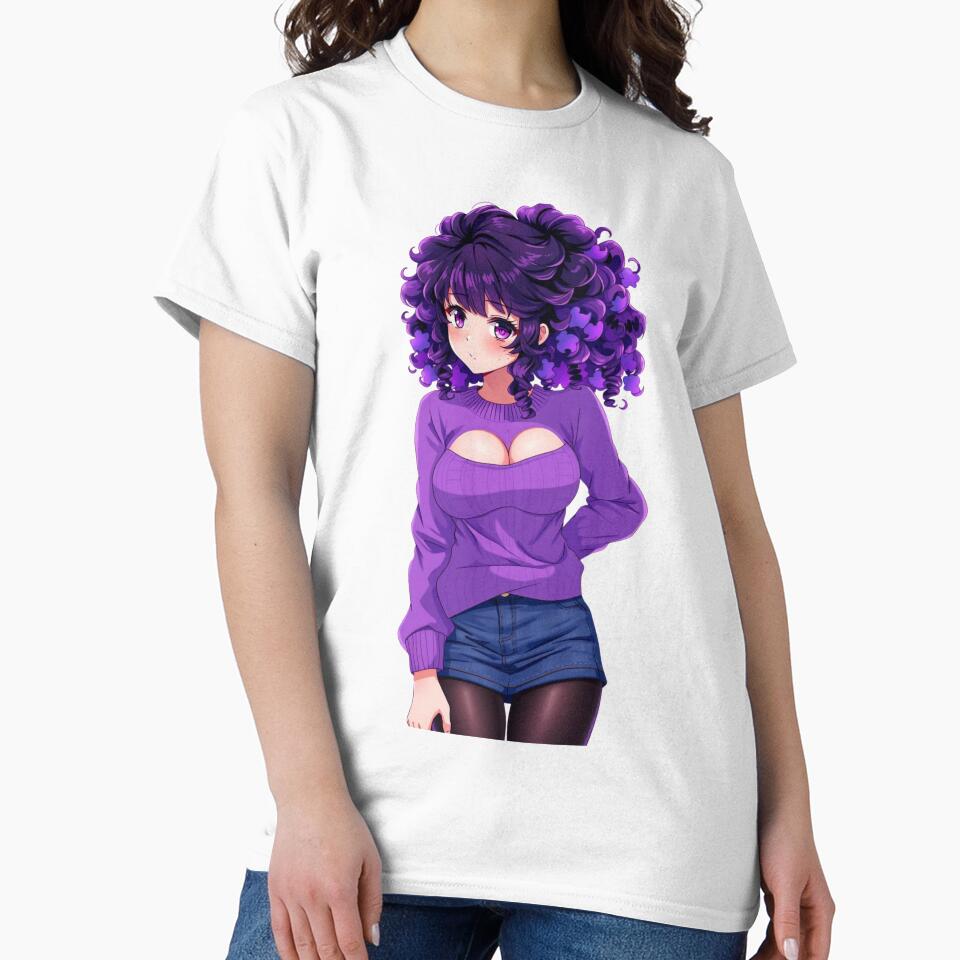 Curly-haired anime girl wears purple sweater with gentle expression by BiranoVule