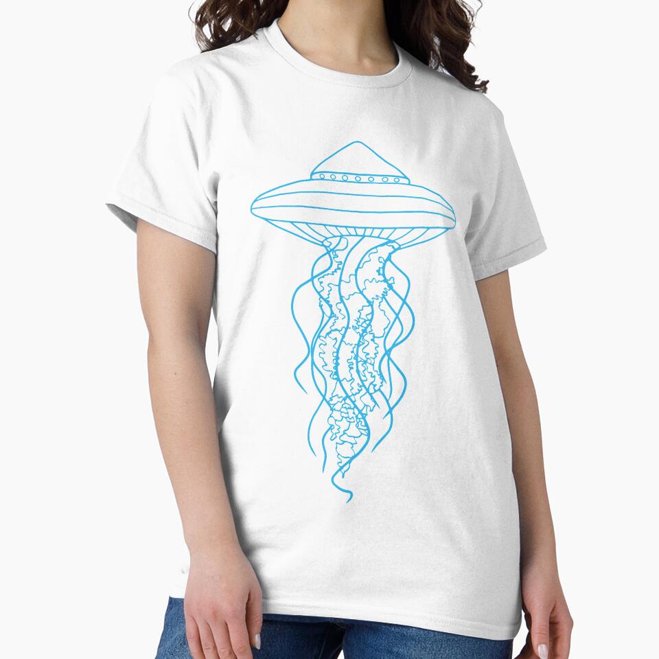 Blue Glow UFO Jellyfish Line Drawing on Black by Ciara Shortall