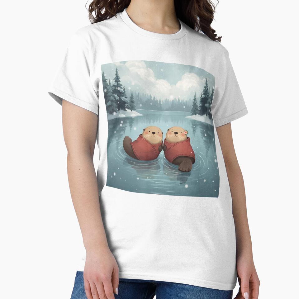 Floating Otters in Love on a Winter Lake by WildlifeWhimsy