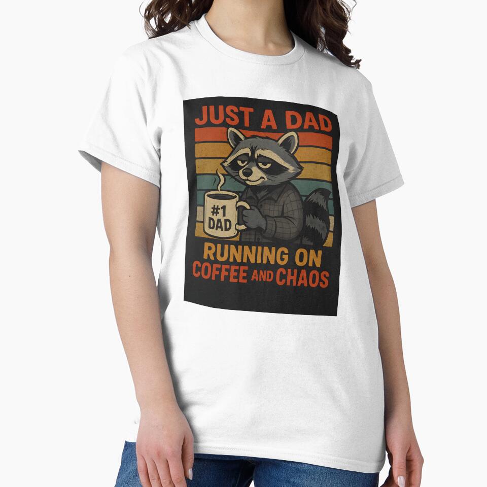 Just a Dad — Running on Coffee and Chaos | Funny Raccoon Retro Dad Shirt by HooptownRV
