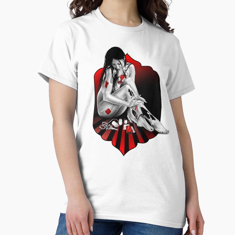 Patch by patch- a portrait (black and red illustration on white) by Anicatattoos