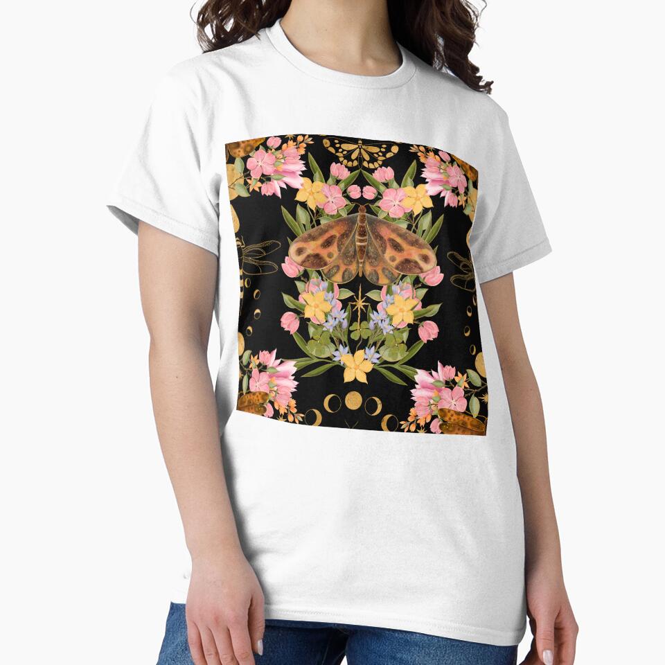 Vintage Botanical Moth Pattern On Black Background by Grin Katalina Floral Patterns & Cozy Art
