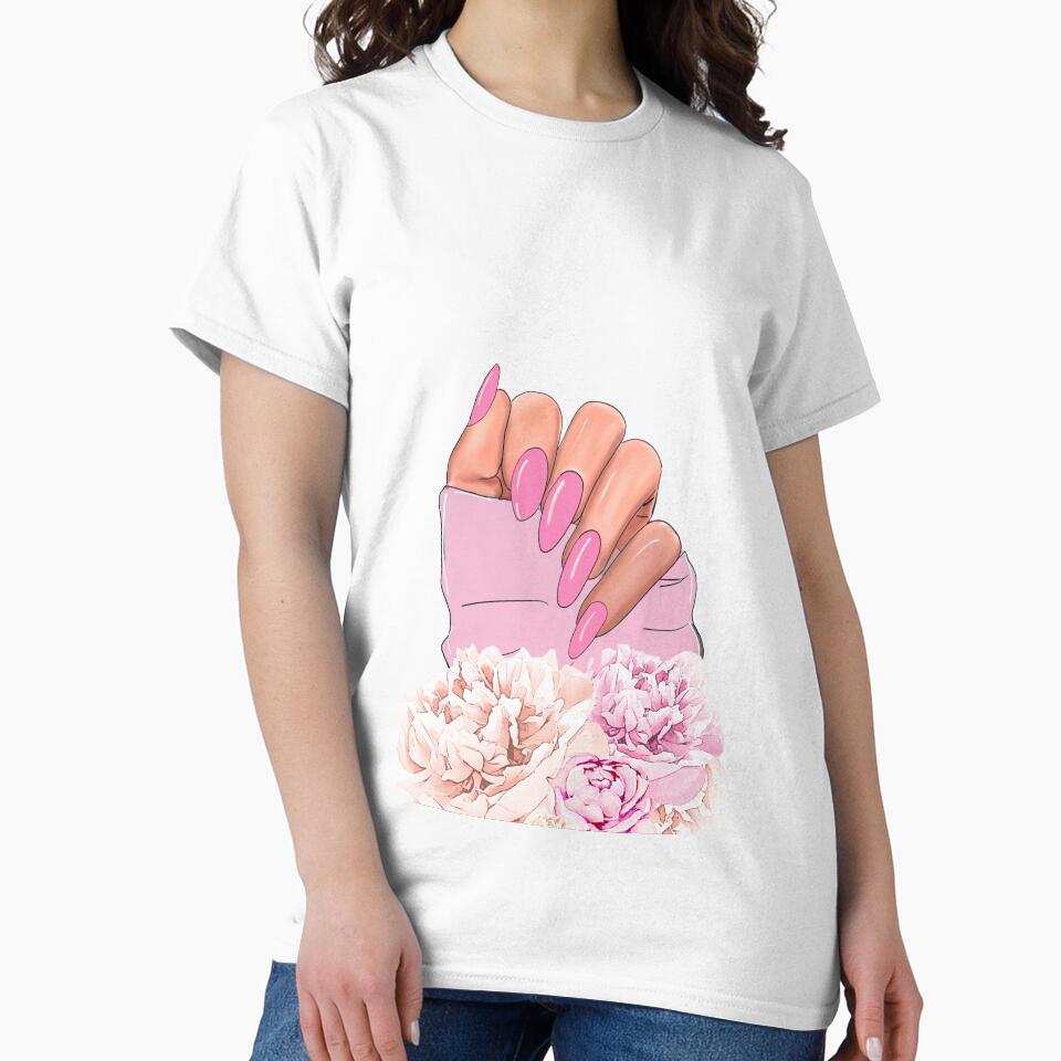 Beautiful feminine hand with pink nails and flowers by jalinaart