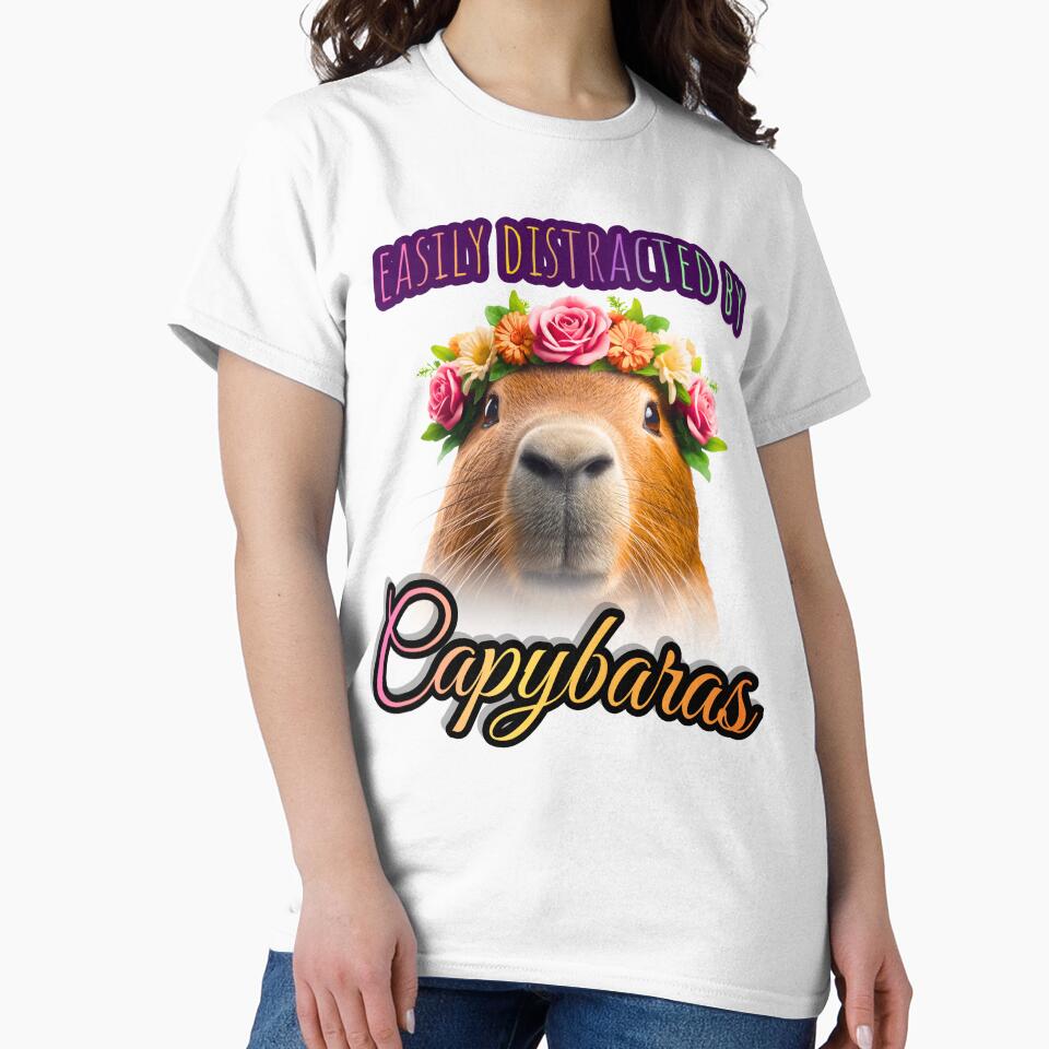 Easily Distracted By Capybaras Funny Capybara Flower Crown T-Shirt by TwistedComicLab