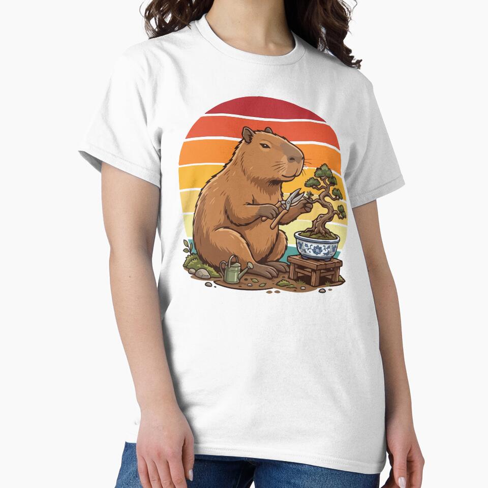 Retro Sunset Capybara Gardening Bonsai Tree by Arc2020