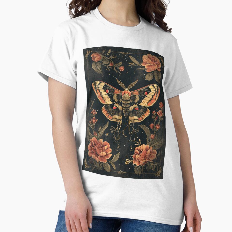 Moth and flowers - dark academia aesthetic - gothic floral feminine vintage old illustration by Fantasy Cache