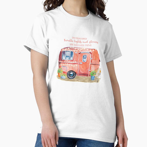 A watercolor vintage camper setting with fun quote for the lover of the glamping lifestyle - "She packed lightly, twinkle lights and flowers, blue skies and best friends". by ReefCoast