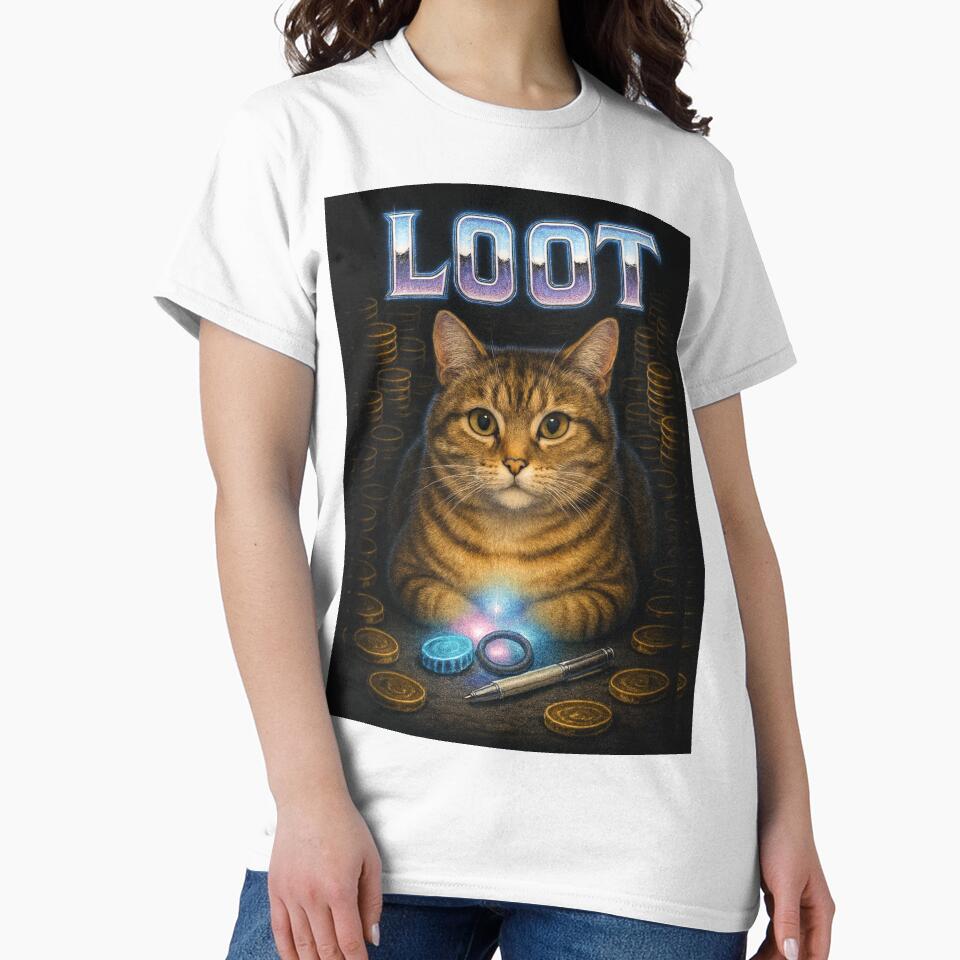 Loot Loaf Funny 80s Gamer Cat T-Shirt by catastrocat