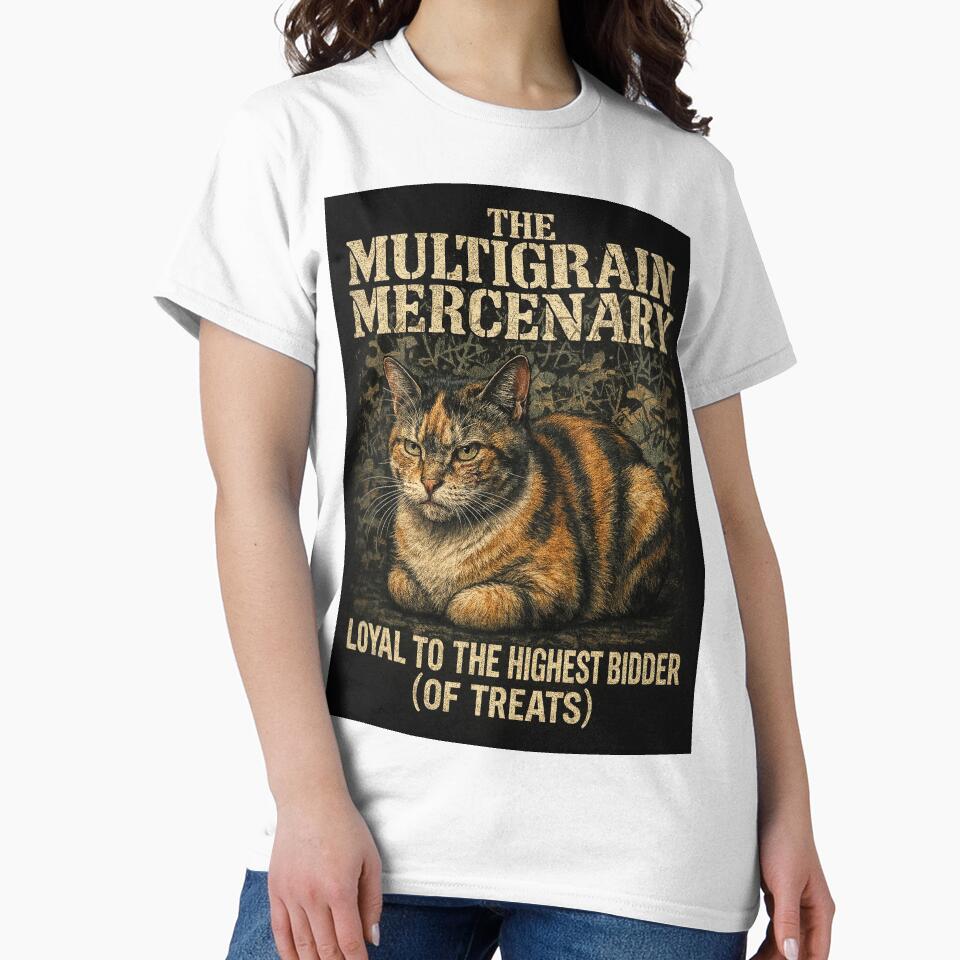 The Multigrain Mercenary Funny Calico Cat 90s Bootleg Tee by catastrocat