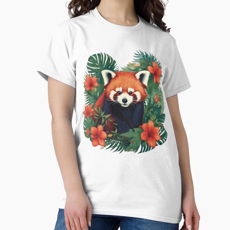 Red Panda With Red Tropical Flowers by greenmonstera