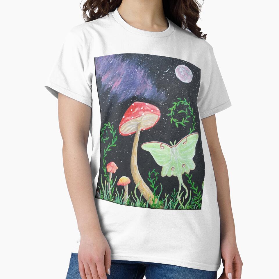 Mushrooms with a Luna moth & night sky by RavenWhite17