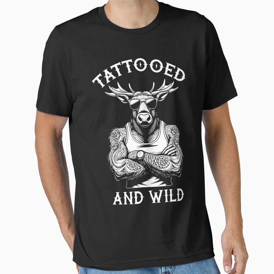 Tattooed And Wild Funny Inked Moose Elk Animal Tattoo Lover by GrandeDuc