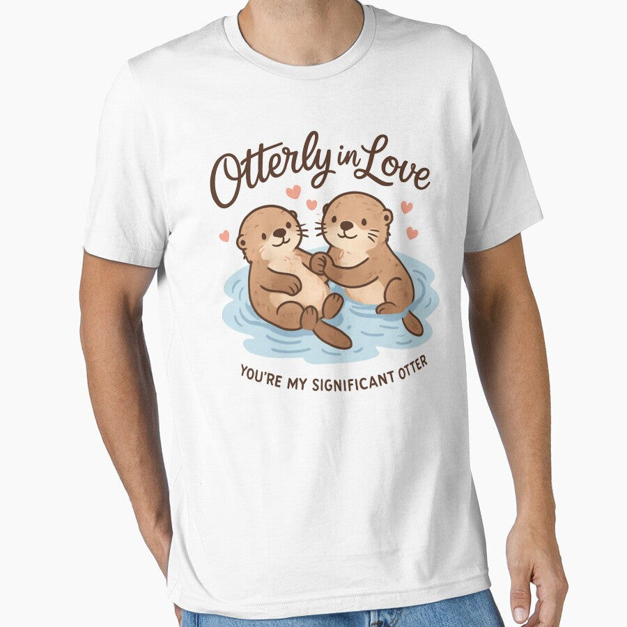 Otterly in Love Sea Otters Holding Hands Romantic Couples T-Shirt by GeniePixel
