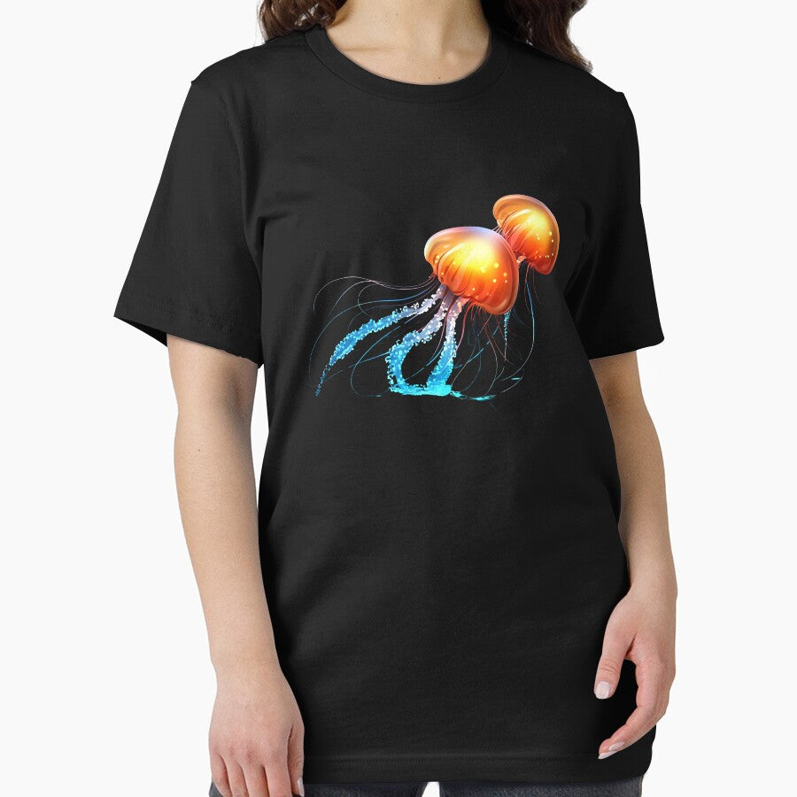 Vibrant Glowing Jellyfish Duo Against a Dark Background by KanDa-Shop