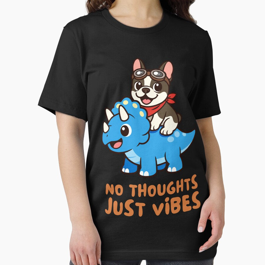 French Bulldog Riding Triceratops – No Thoughts Just Vibes Funny Dinosaur Dog Design by ThatDoggoArtist